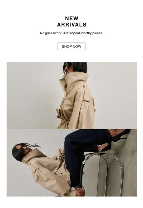 Model in a neutral coloured jacket posing against a white wall. Text reads ‘NEW ARRIVALS'