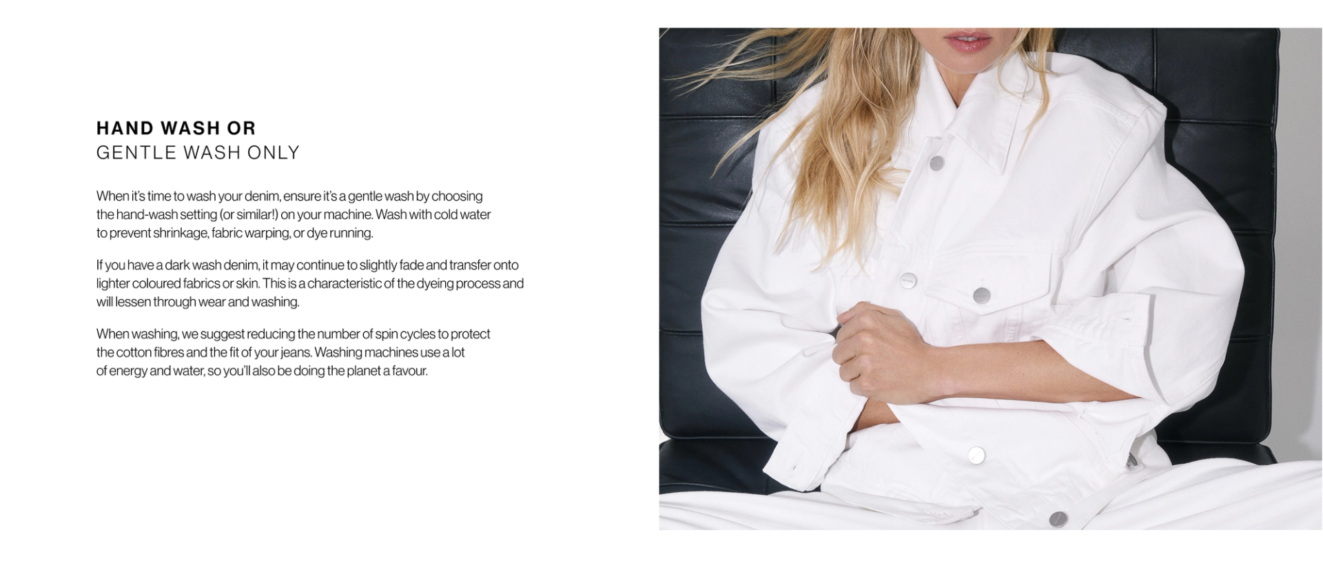 Model seated wearing a white denim outfit (jacket and jeans). Heading reads “Hand Wash or Gentle Wash Only” with instructions for delicate washing.