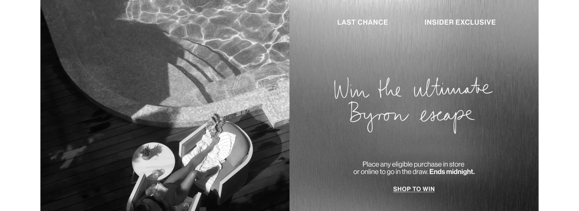 Picture of a hotel room with a pool with text that states "win the ultimate Byron escape."