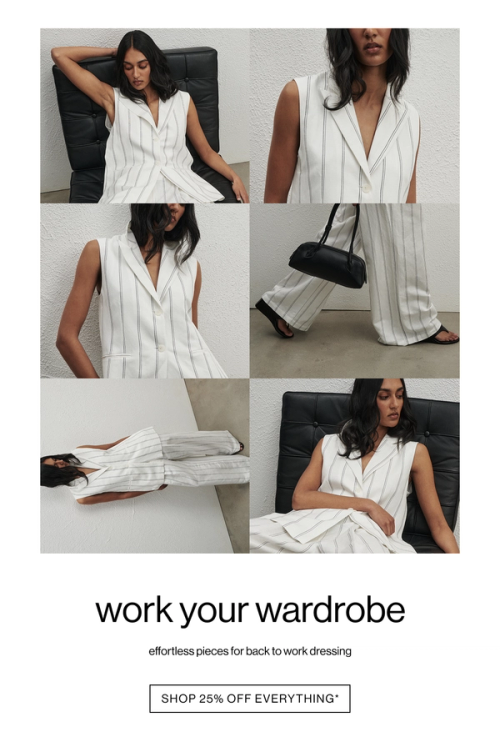 Grid of images of woman in pinstripe white set