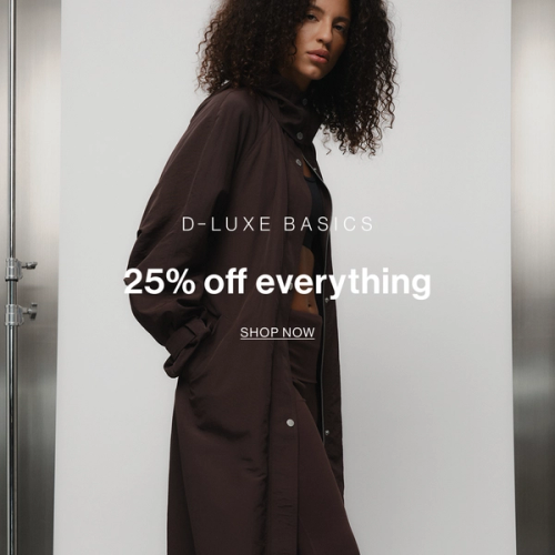Model in a brown jacket standing in front of a white wall with text overlay which states 25% off everything