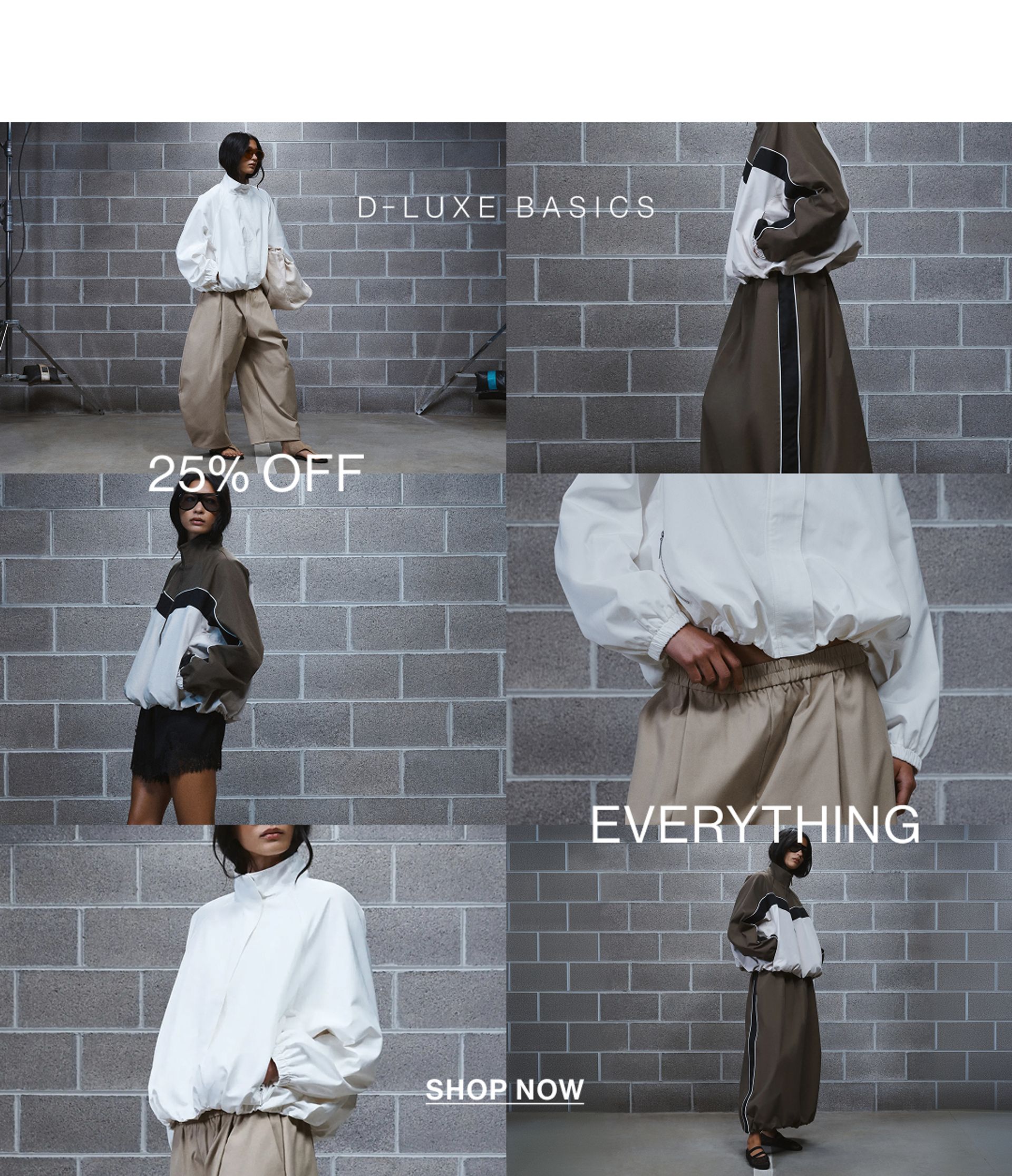 Model in a leather jacket standing in front of a white wall with text overlay which states "20% OFF DLUXE BASICS"
