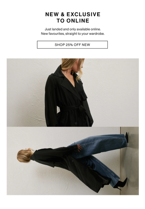 Model in a denim jacket and jeans posing with her hands in her pocket against a white wall with one hand in her pocket. Text reads ‘New & exclusive to online'