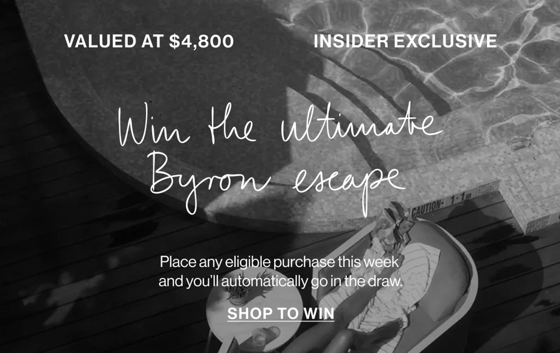 Picture of a hotel room with a pool with text that states "win the ultimate Byron escape."