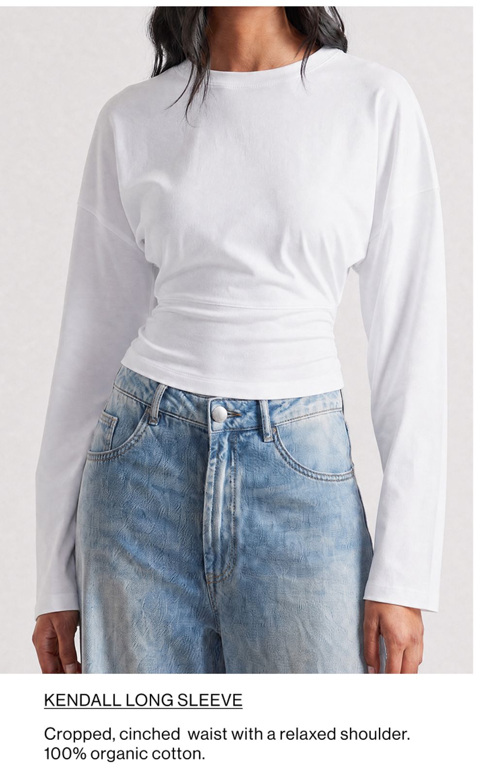 Text that reads Barrel, a statement style that flares out mid-thigh before tapering in.