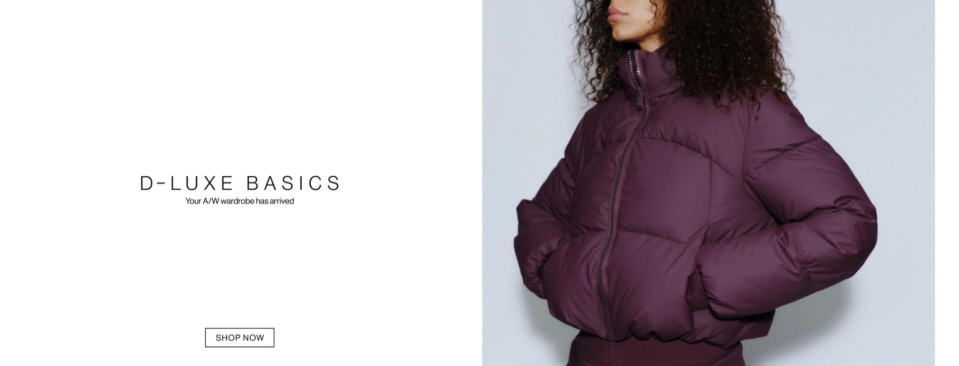 Model in a brown jacket standing in front of a white wall with text overlay which states new