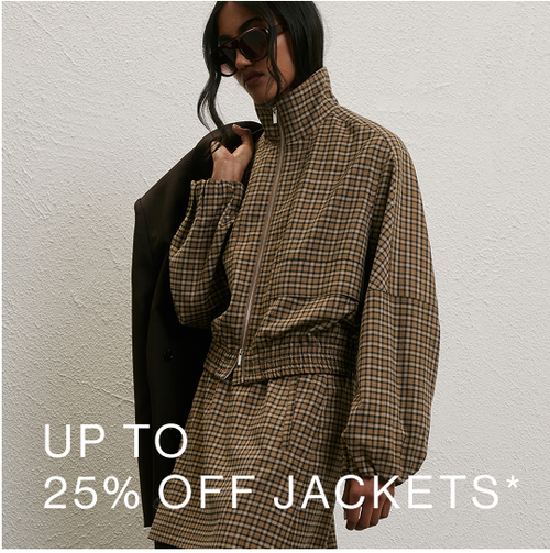 Woman posing in front of a white wall wearing a blue collared knit with text that states "25% off knits"