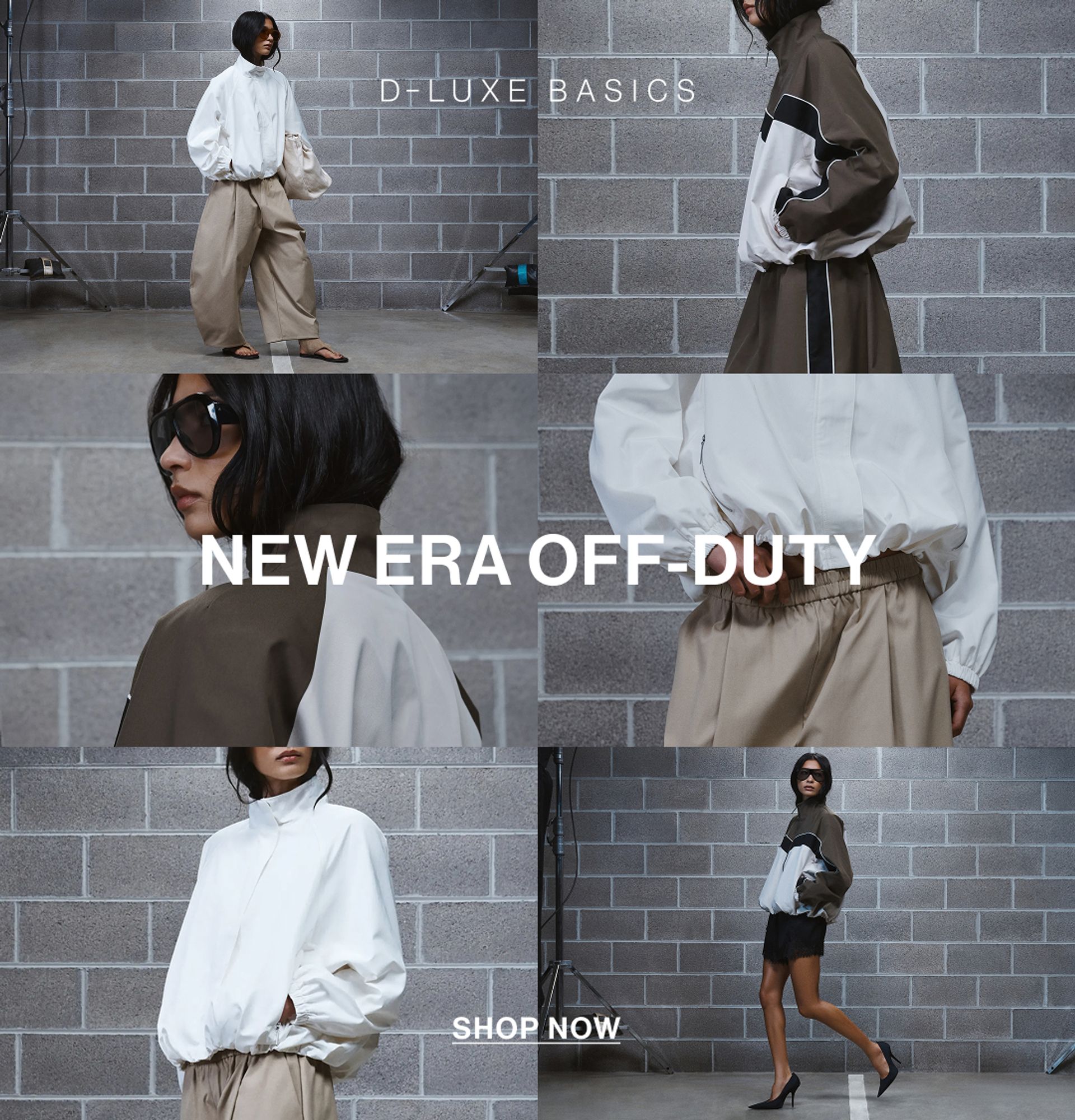 Model in a leather jacket standing in front of a white wall with text overlay which states "20% OFF DLUXE BASICS"