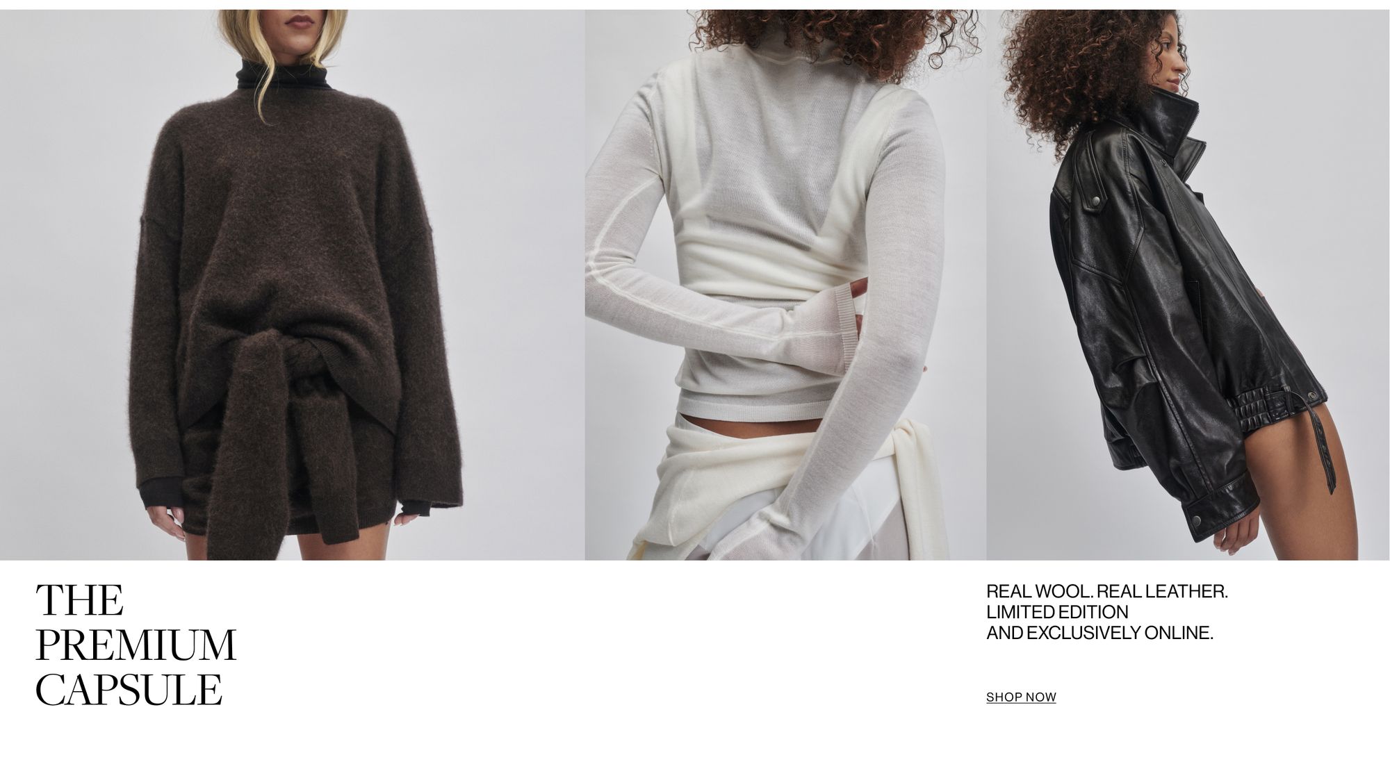COLLAGE OF THREE WOMEN POSING IN FRONT OF A WHITE WALL WITH TEXT OVERLAY WHICH STATES "The premium capsule"