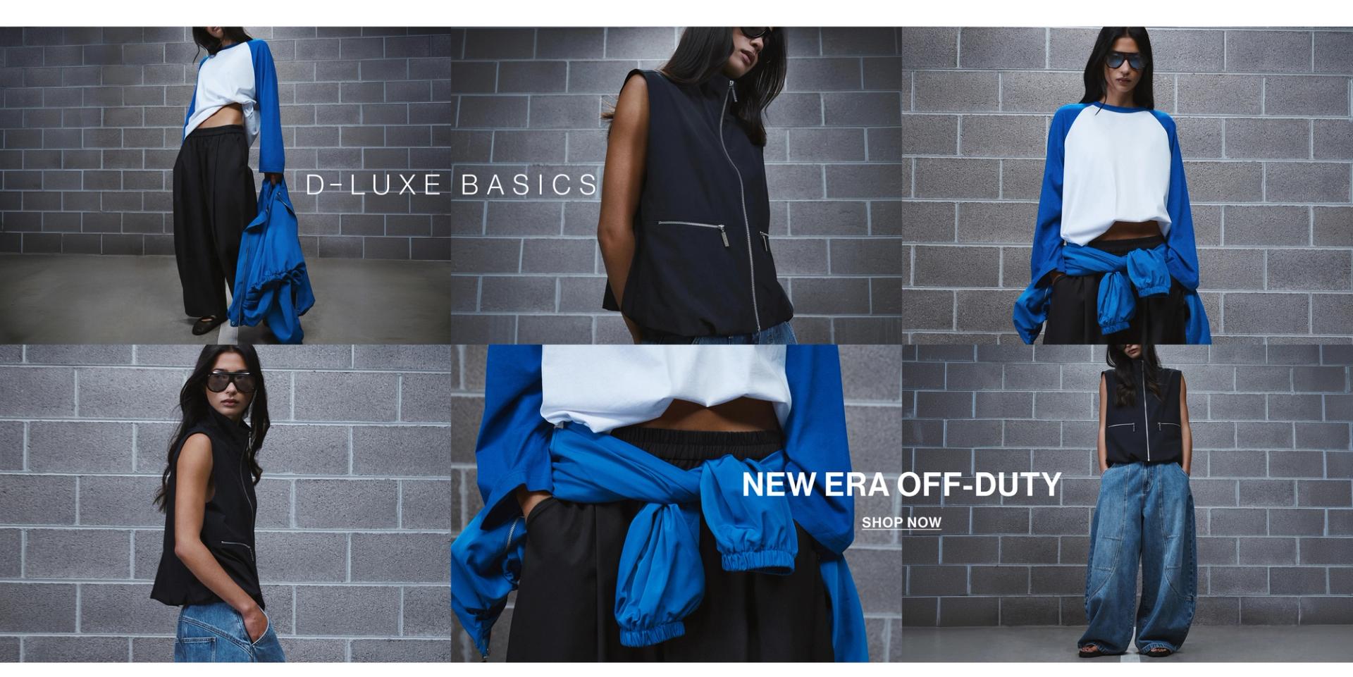 Model in a leather jacket standing in front of a white wall with text overlay which states "20% OFF DLUXE BASICS"