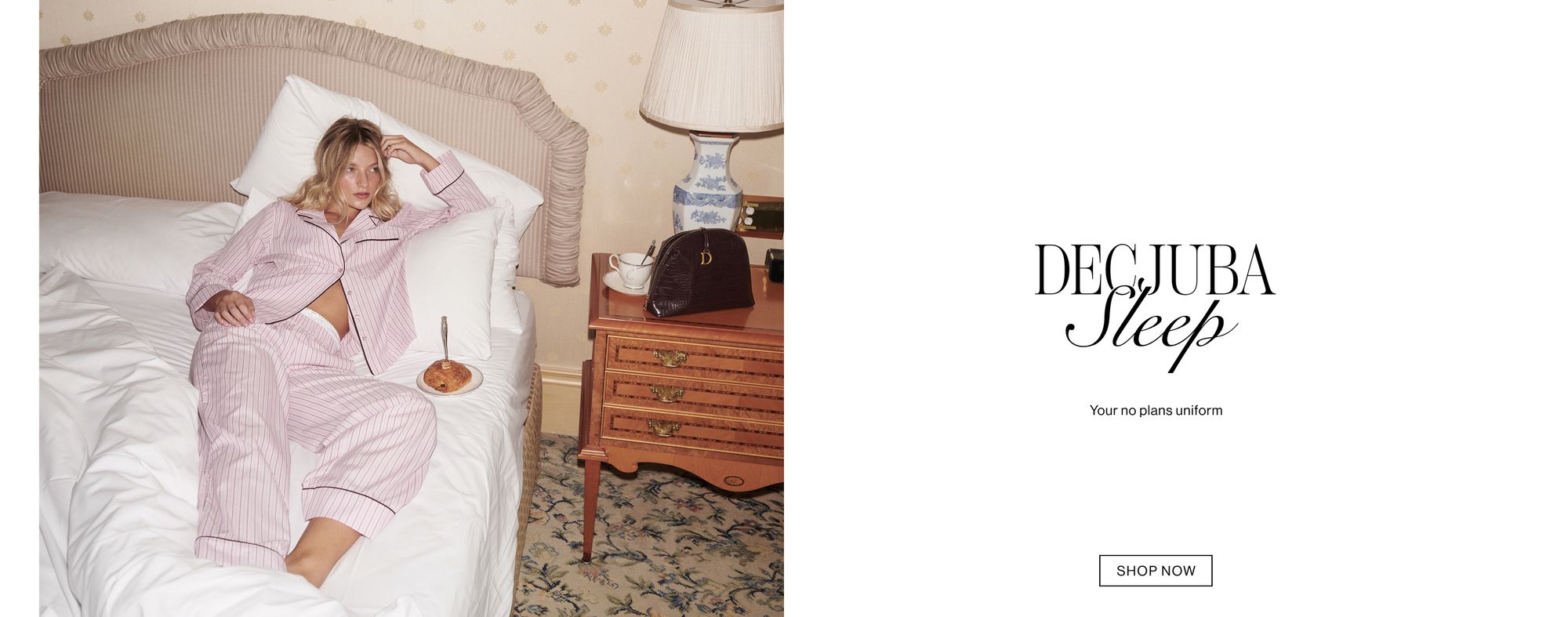 Text that reads your beauty sleep bonus. Receive a free cosmetic case valued at $39.95 when you buy two or more pieces of DECJUBA Sleep.