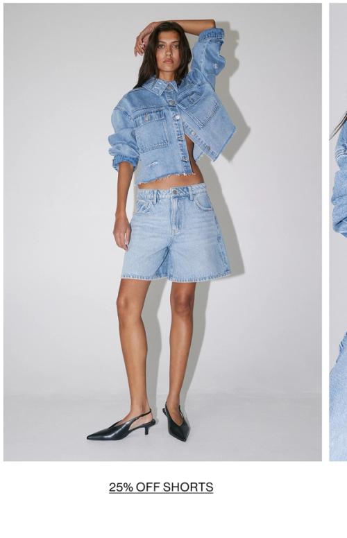 Woman posing in double denim shorts with text overlay shop shorts