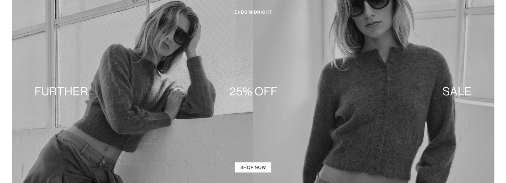 Model in a leather jacket standing in front of a white wall with text overlay which states "20% OFF DLUXE BASICS"