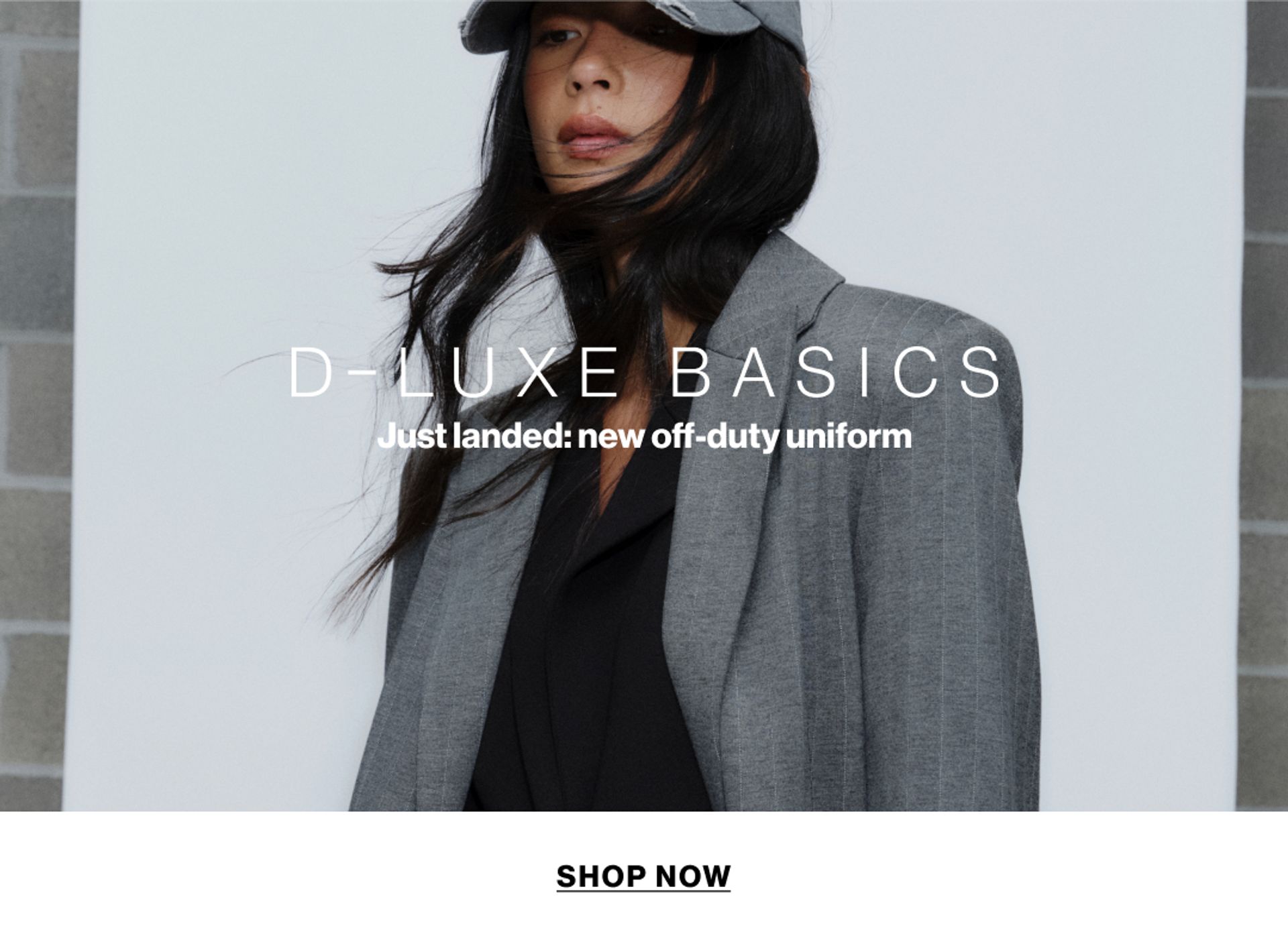 Model in a leather jacket standing in front of a white wall with text overlay which states "20% OFF DLUXE BASICS"