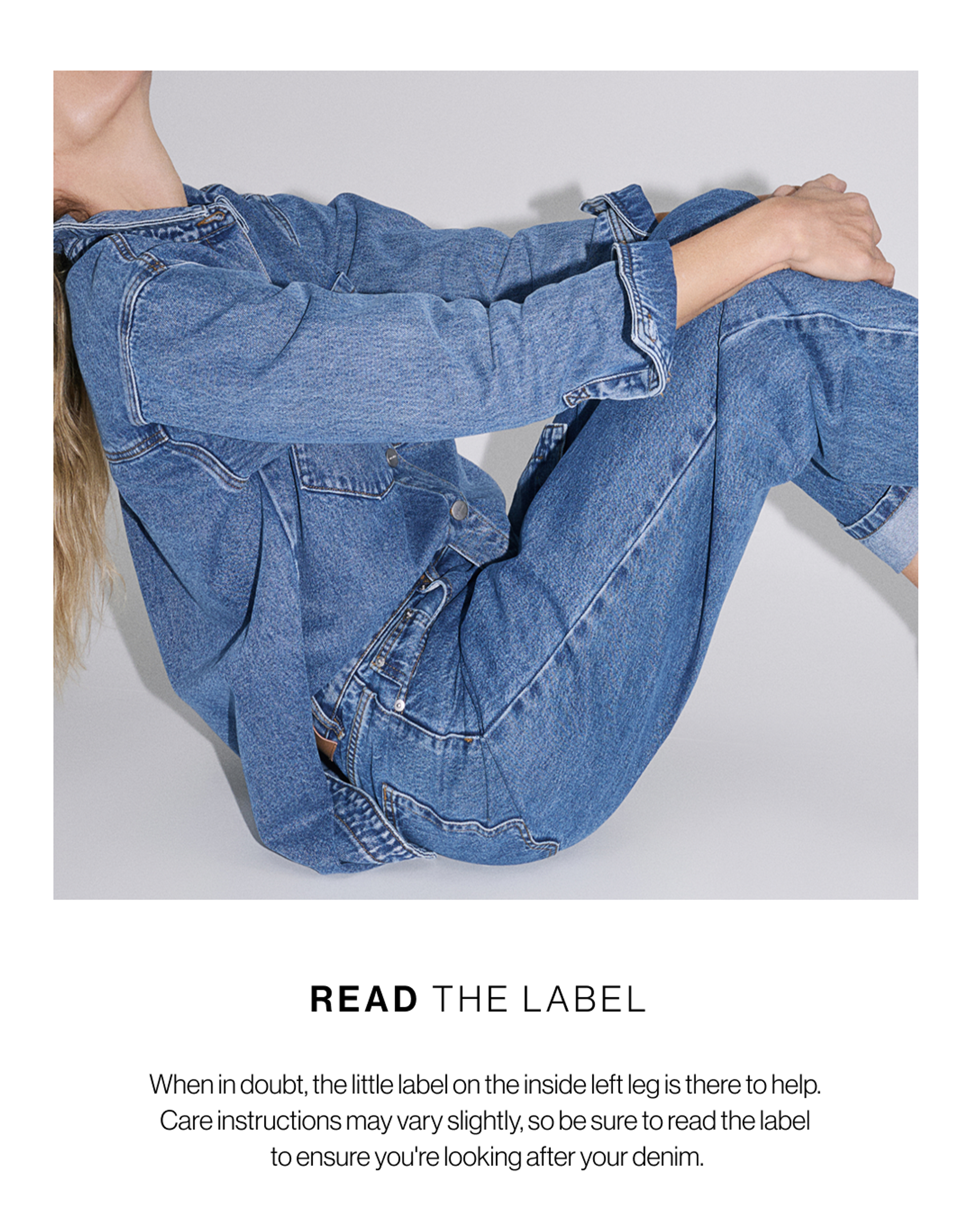 Model sitting cross-legged in a darker blue denim set. Heading reads “Read the Label” with guidance to follow garment care instructions.