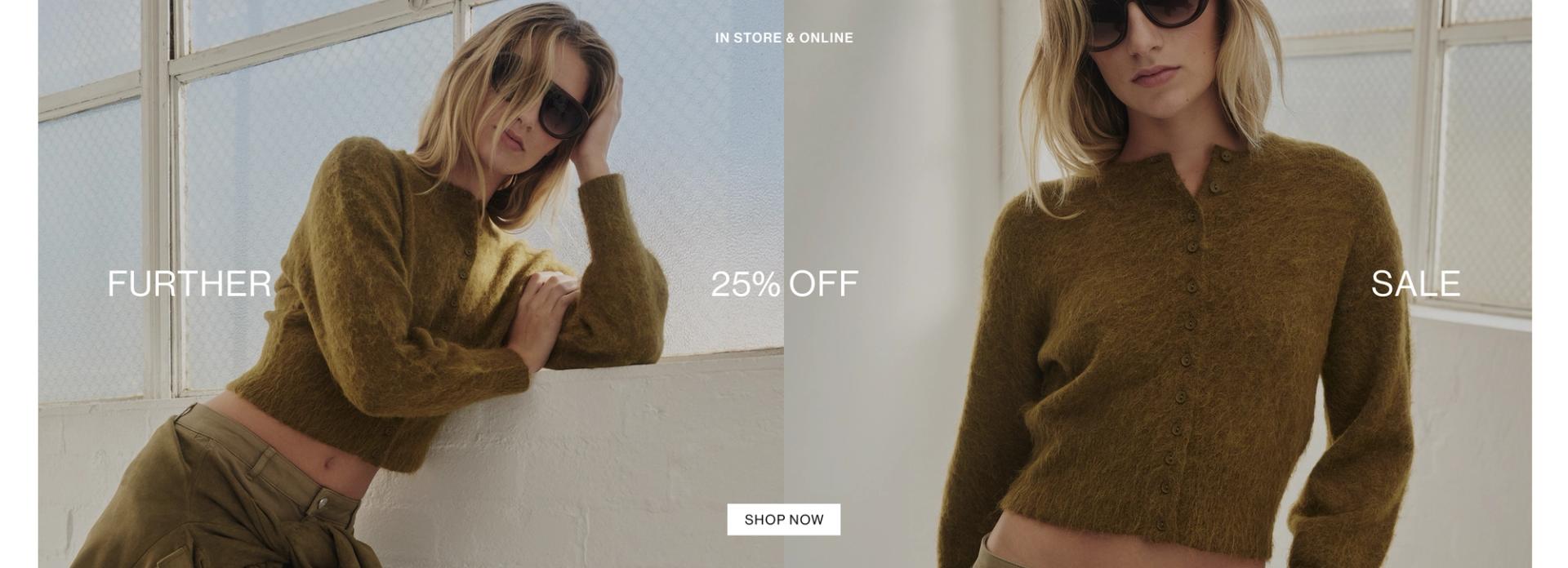 Model in a leather jacket standing in front of a white wall with text overlay which states "20% OFF DLUXE BASICS"