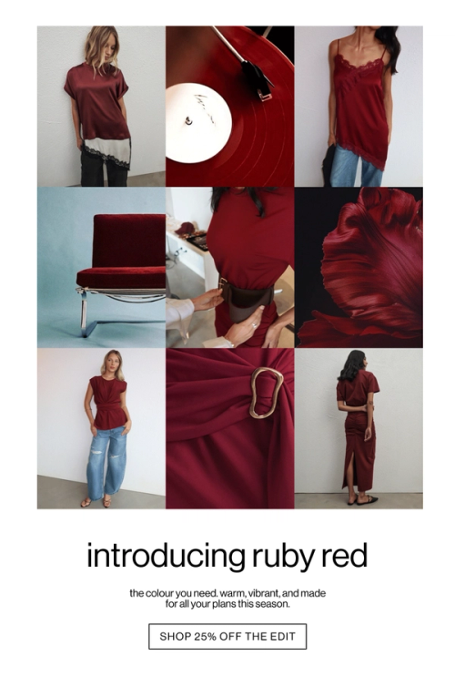 Grid of images of woman in ruby red colour