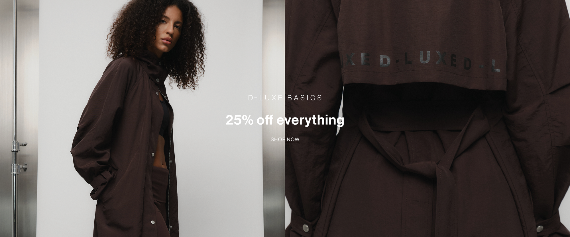 Model in a brown jacket standing in front of a white wall with text overlay which states 25% off everything
