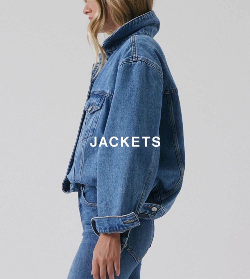 Model in a blue denim jacket, side profile – Jackets category.