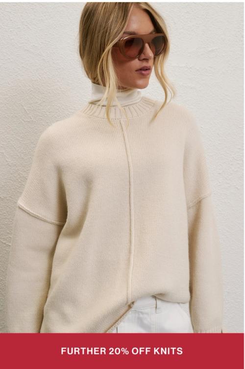 Model wearing cream knit. SHOP FURTHER 20% OFF KNITS.