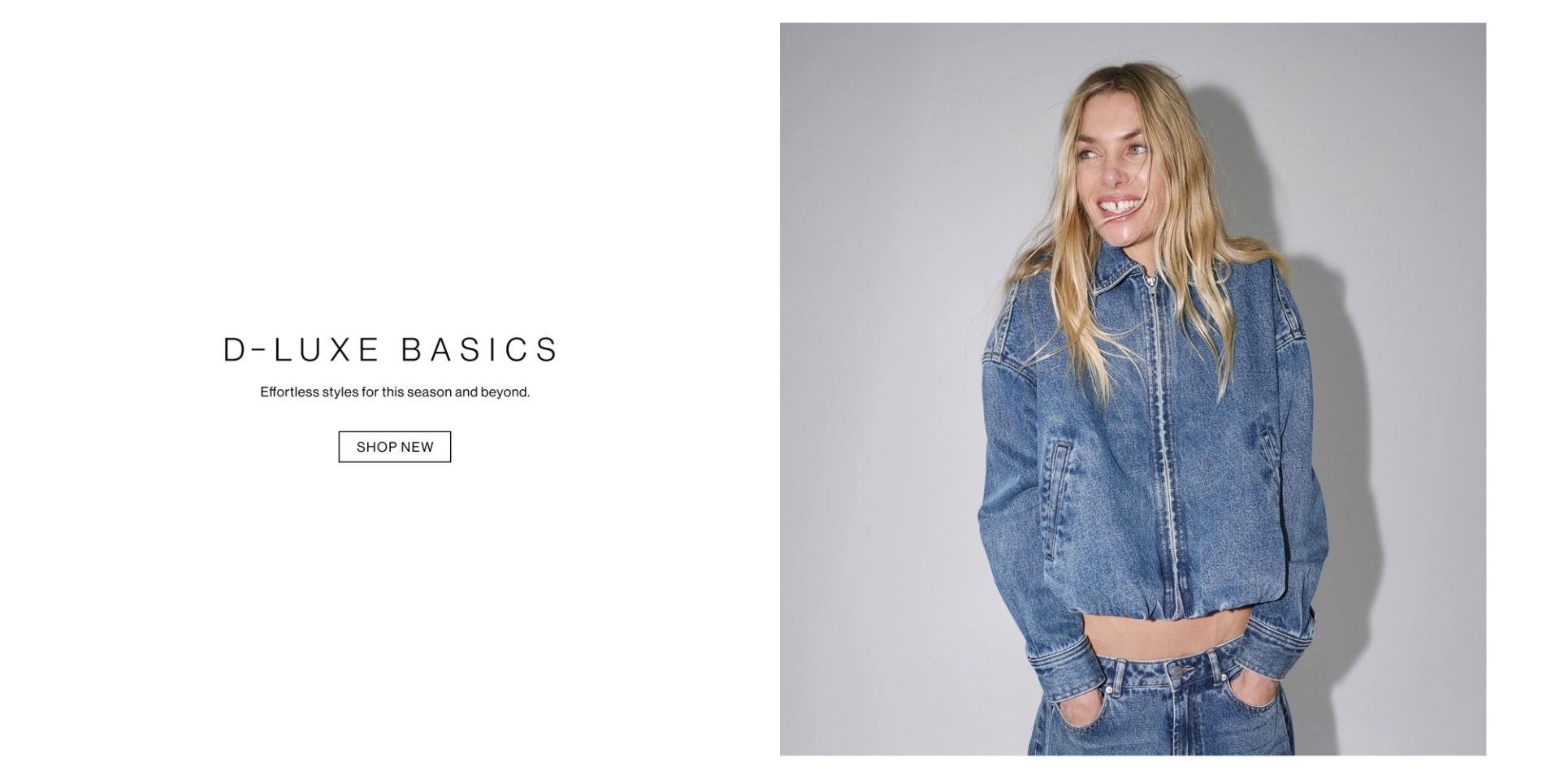 Blonde model smiling in a blue denim zip jacket and matching jeans – D-Luxe Basics.