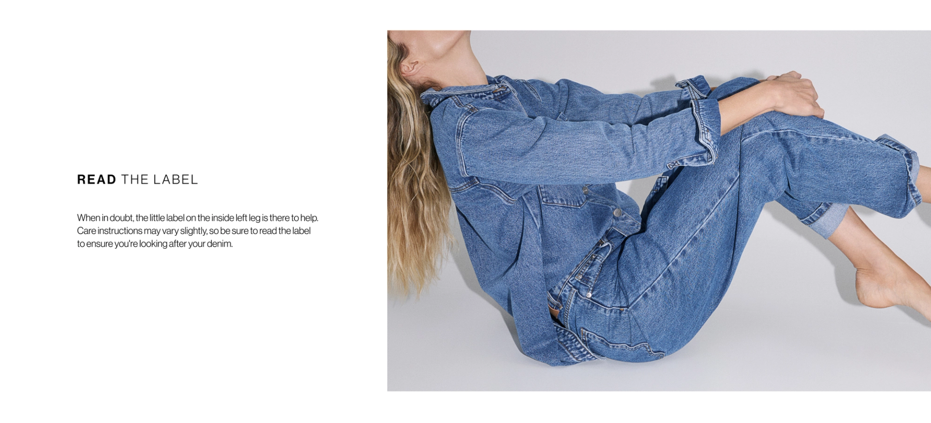 Model sitting cross-legged in a darker blue denim set. Heading reads “Read the Label” with guidance to follow garment care instructions.