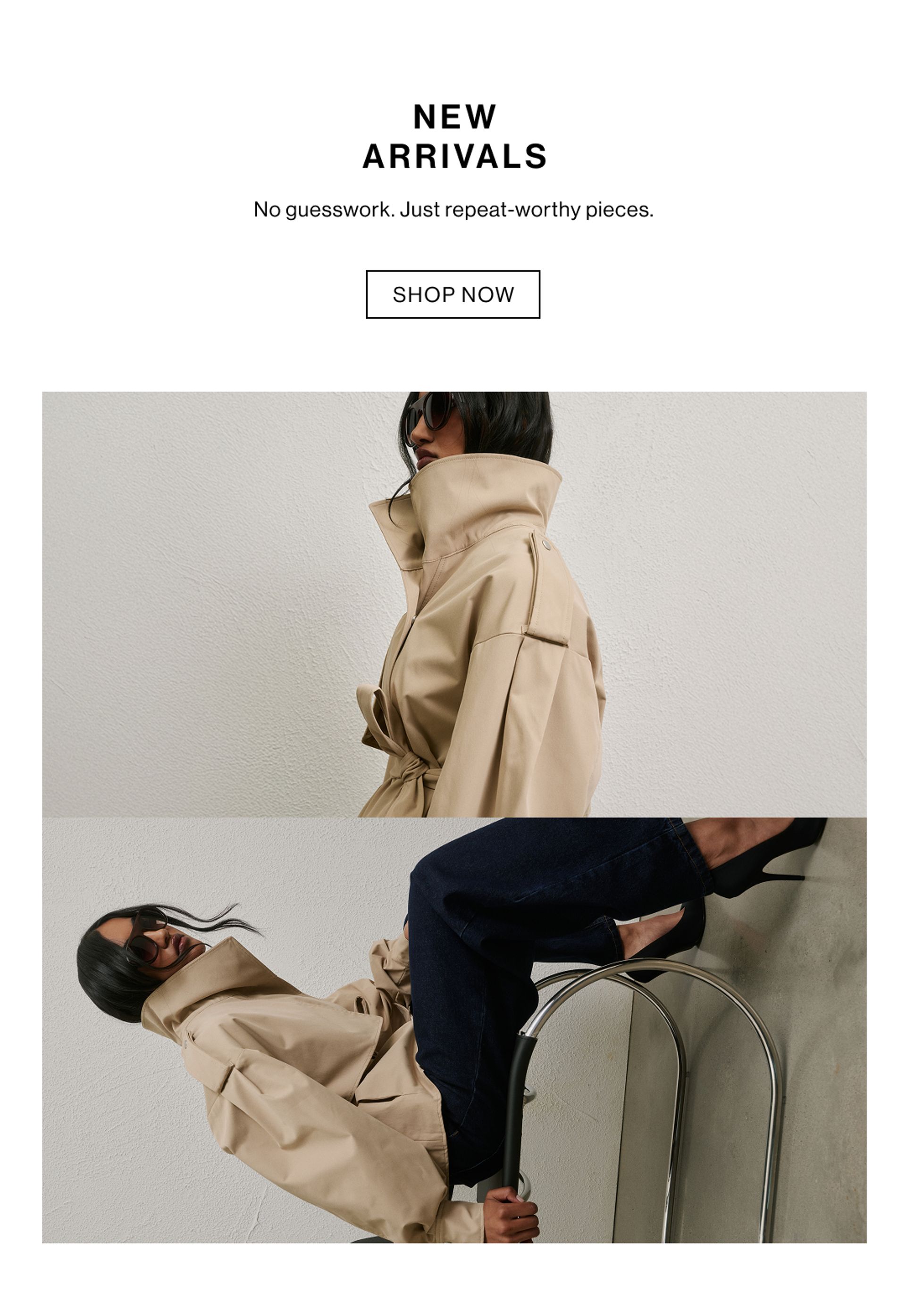 Model in a beige oversized jacket posing against a textured wall – New Arrivals.