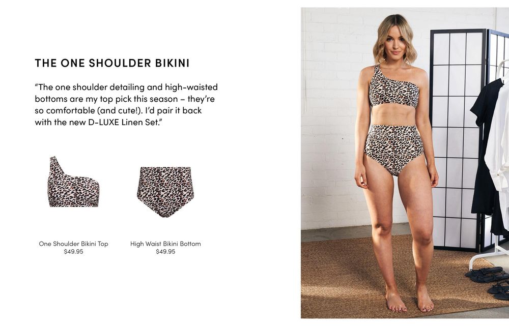 One Shoulder Bikini Top $49.95 High Waist Bikini Bottom $49.95