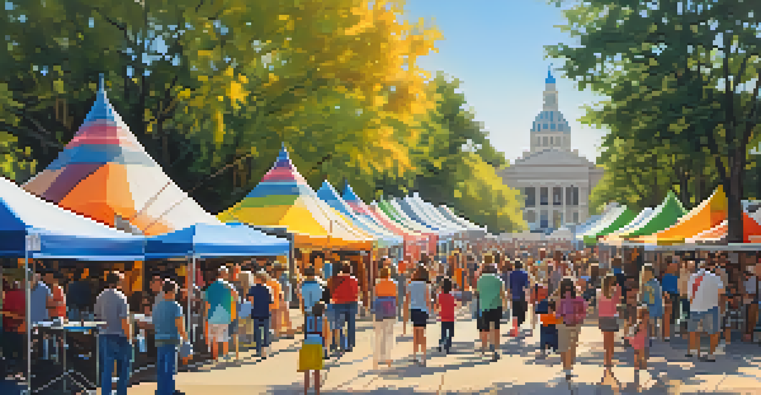 A vibrant outdoor arts festival in Dallas with local artists and families enjoying various art activities under a sunny sky.