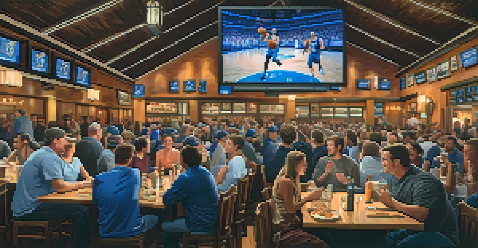 Interior of a local restaurant with fans watching a Mavericks game, filled with excitement.