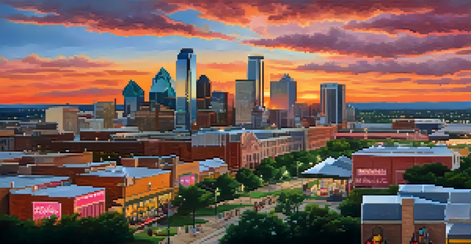 Dallas skyline at sunset with colorful clouds and people enjoying spring festivals in the foreground.