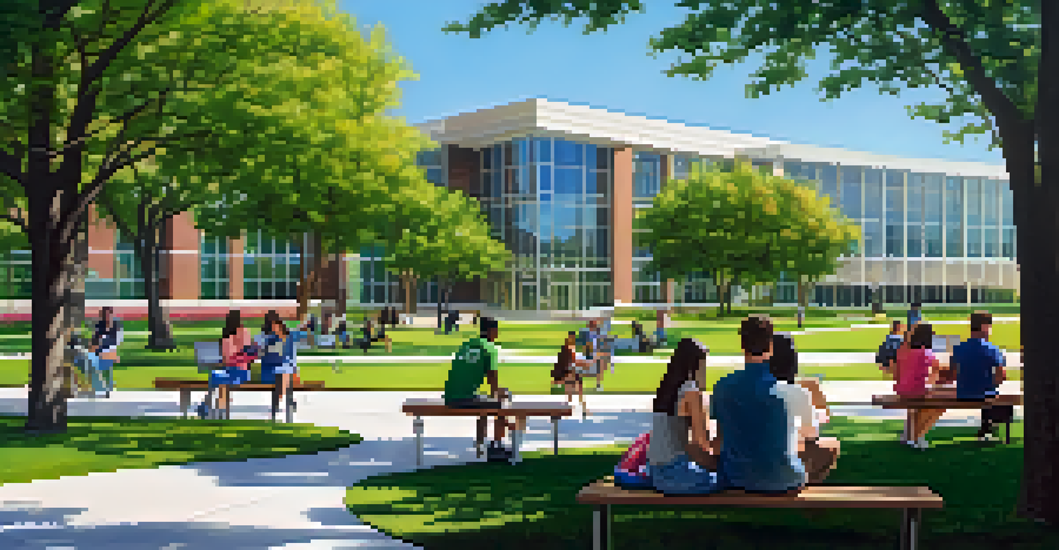 A sunny day at a Dallas community college campus, showcasing students enjoying the outdoors in a vibrant and inviting environment.