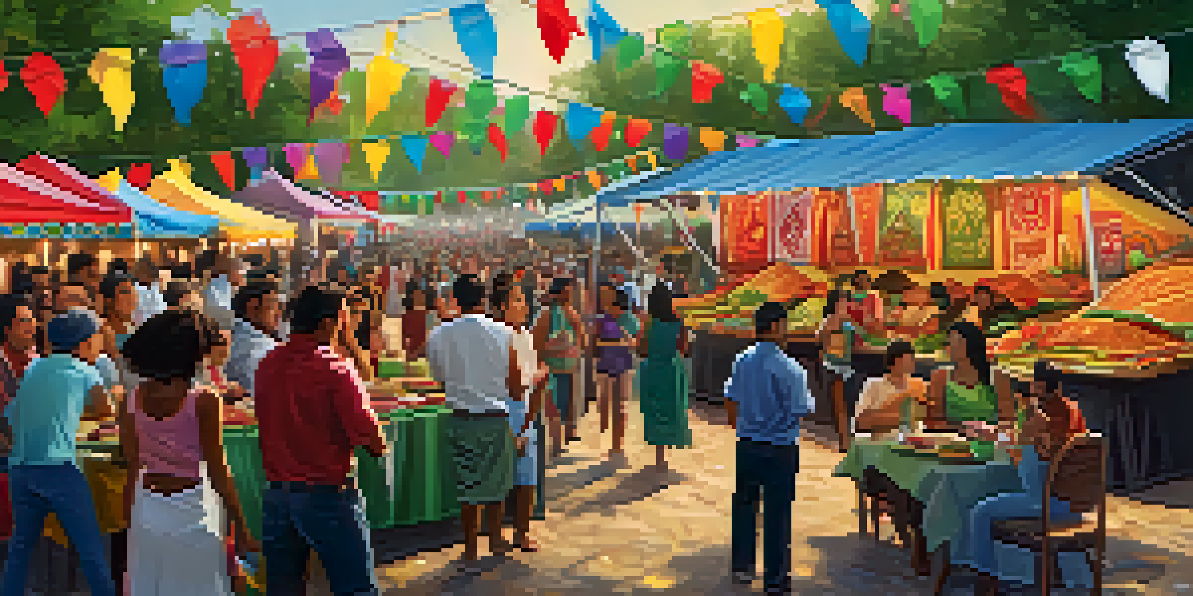 A lively festival in Dallas with people enjoying food and dance from different cultures, featuring a colorful food stall.