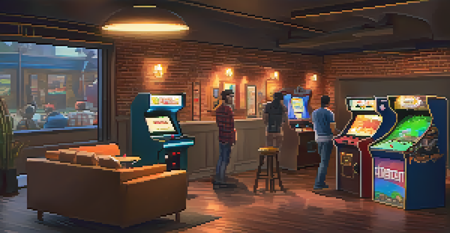 A cozy corner in a gaming cafe with friends playing vintage arcade games and enjoying snacks.