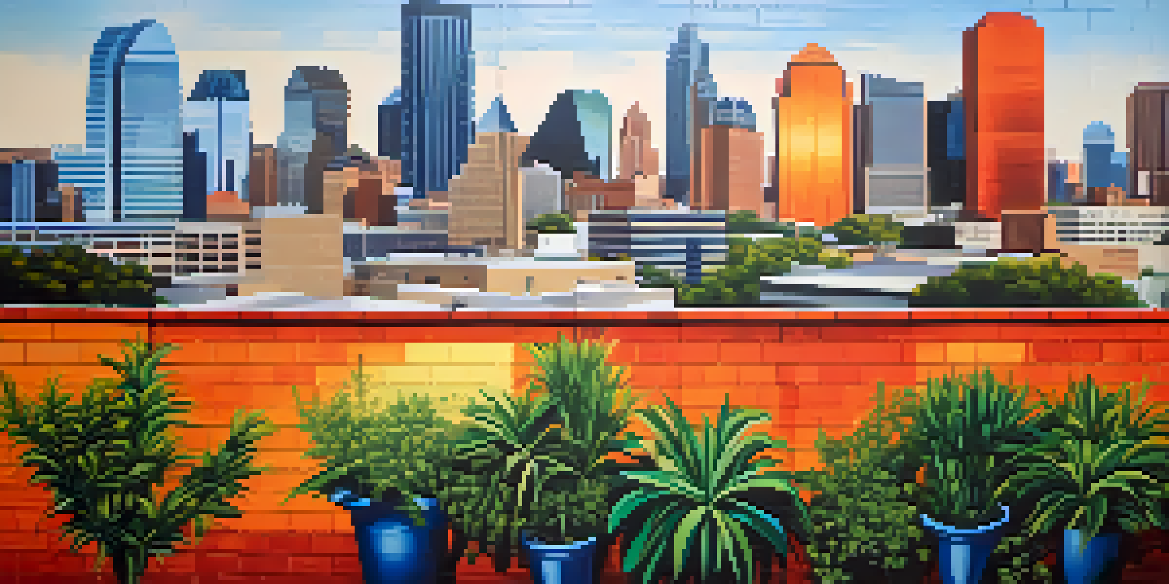 A colorful mural showcasing the skyline of Dallas, with bright blue and orange hues and surrounded by plants.