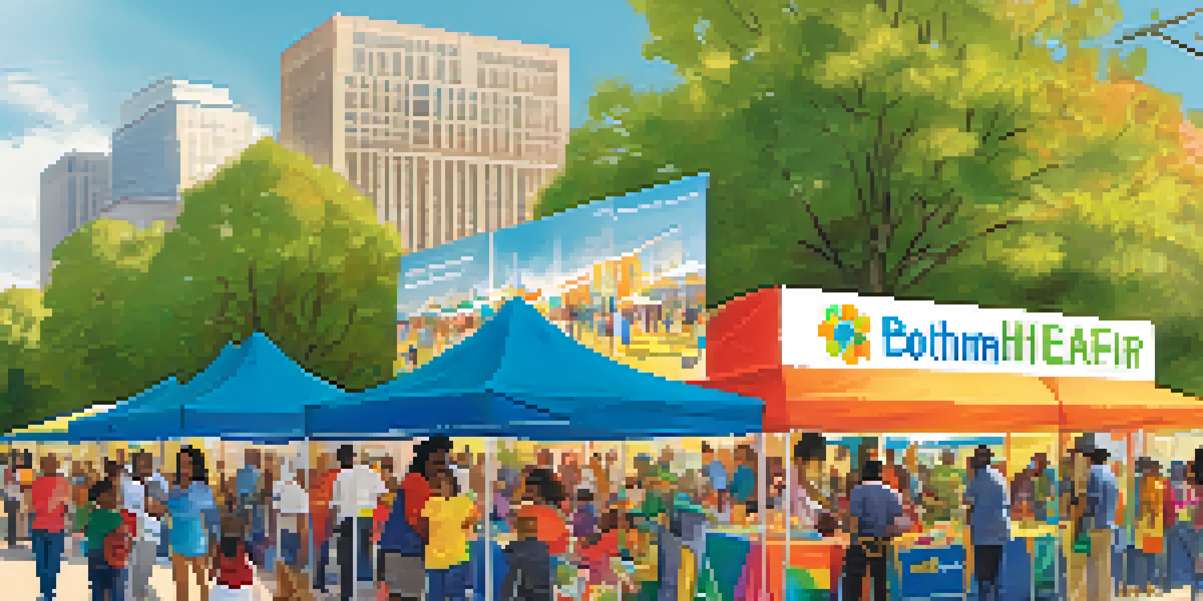 A lively community health fair in Dallas with diverse residents interacting at health booths under bright sunlight.