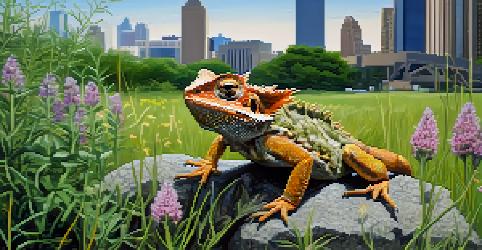 A Texas Horned Lizard on a rock in a green corridor surrounded by urban buildings, highlighting wildlife conservation efforts.