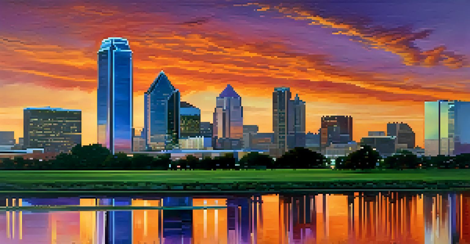 The Dallas skyline at sunset, featuring a mix of historic and modern buildings illuminated by vibrant colors in the sky.
