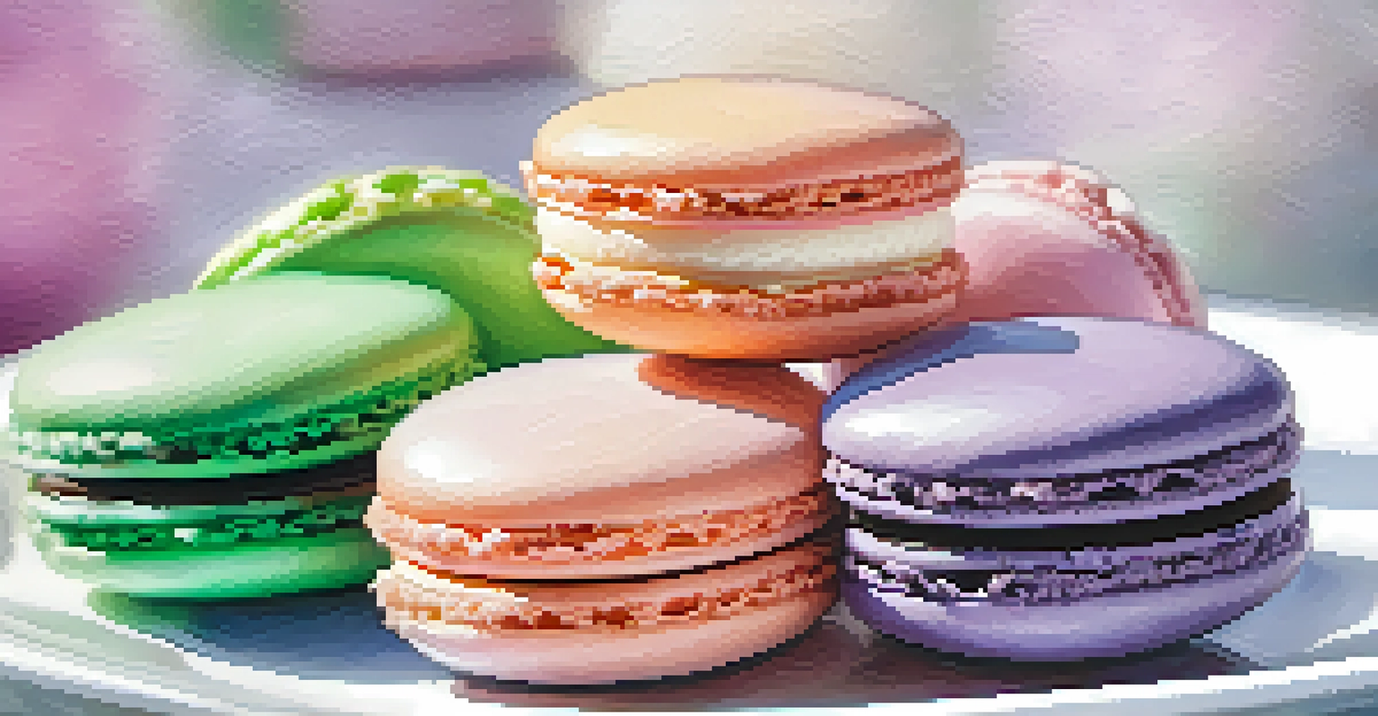 A plate of colorful macarons with various flavors, elegantly arranged.