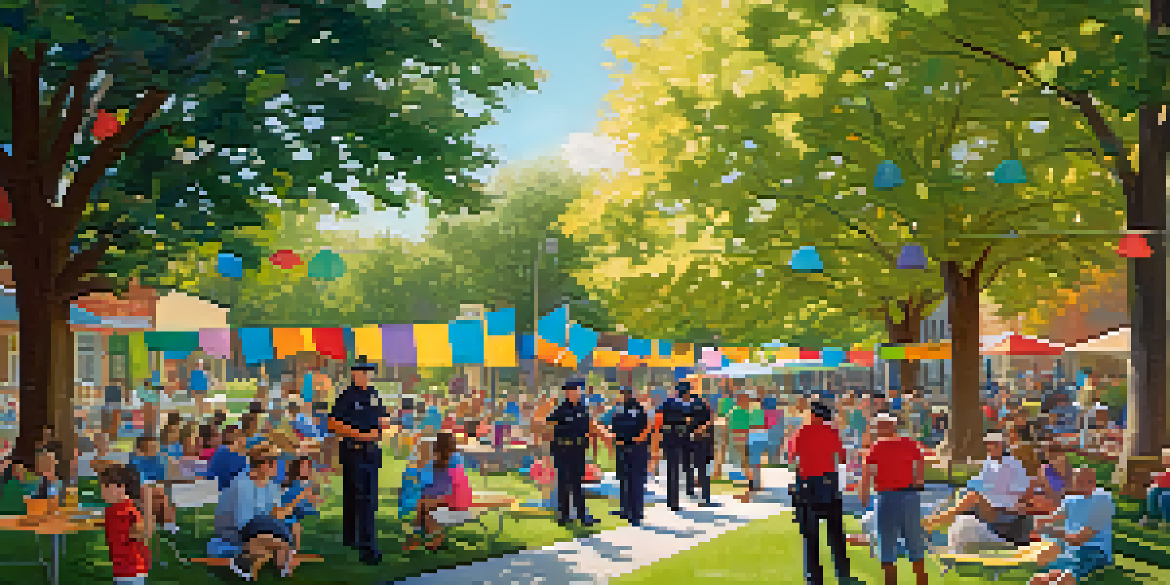 A neighborhood park where police officers engage with families and children during a community event, with colorful banners and soft sunlight.