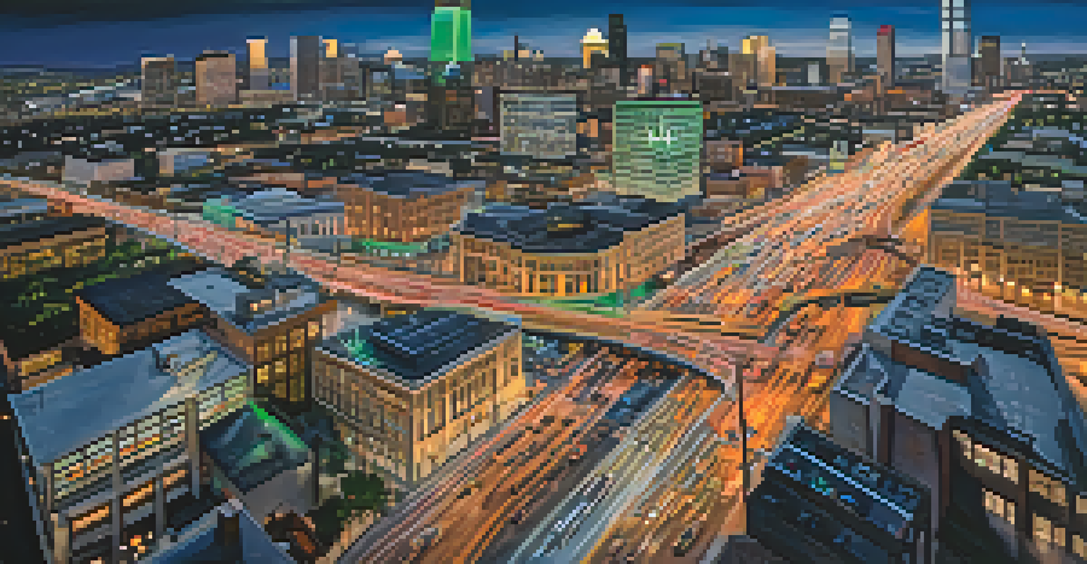 An aerial view of Dallas during rush hour, showcasing smooth traffic flow and public buses at traffic signals.