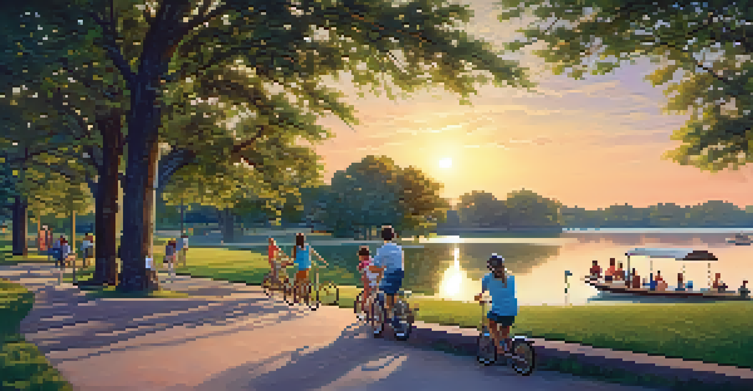 A beautiful lakeside park with families biking, children fishing, and a sunset reflecting on the water.