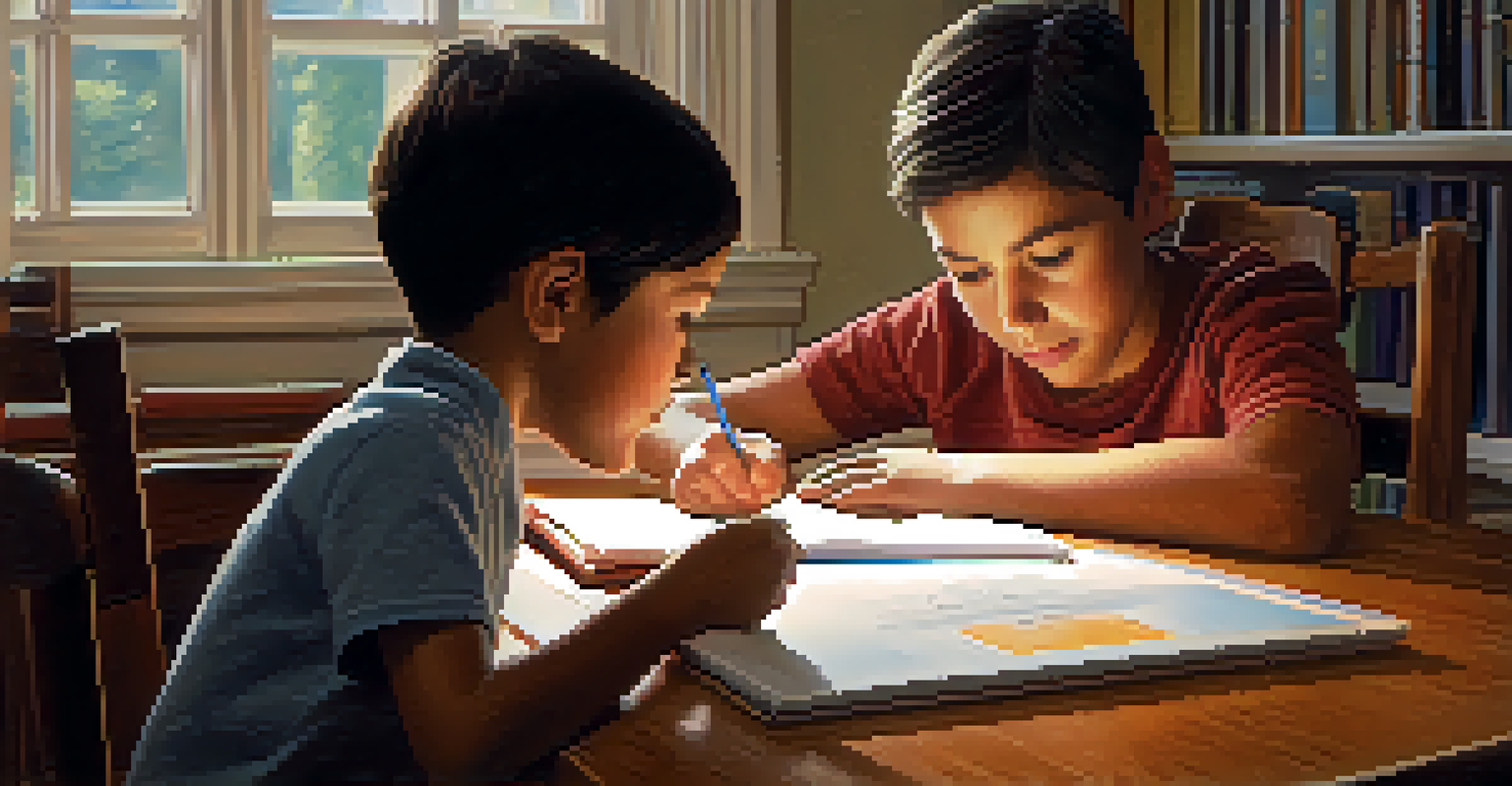 A parent assisting a child with homework at a dining table, reflecting a nurturing educational environment.