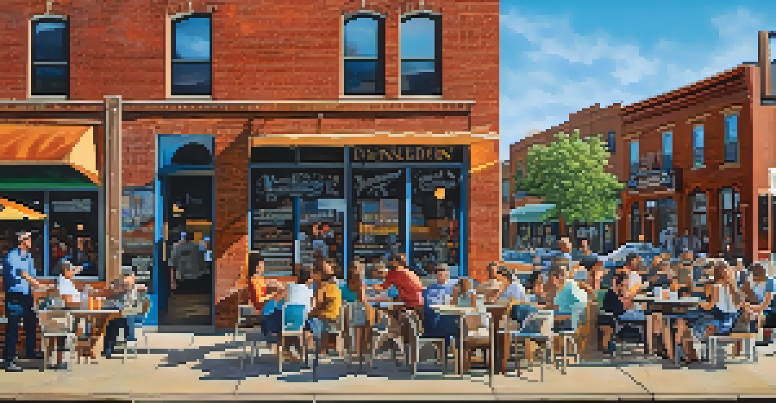 A lively street in Deep Ellum with a colorful mural on a historic wall, people sipping coffee at outdoor cafes, and a bright blue sky.