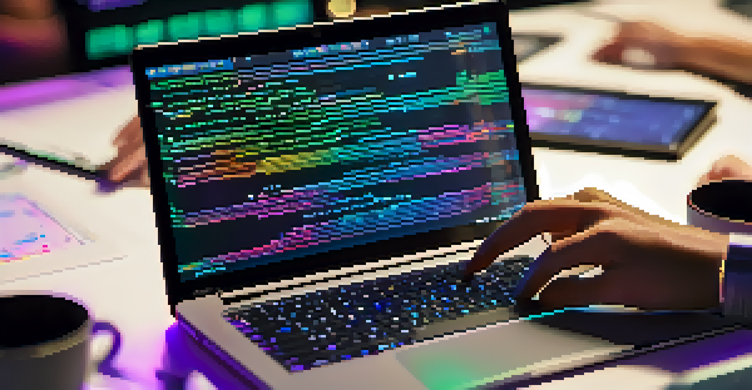 Hands typing on a laptop with colorful code on the screen, surrounded by tech gadgets in a workshop setting.