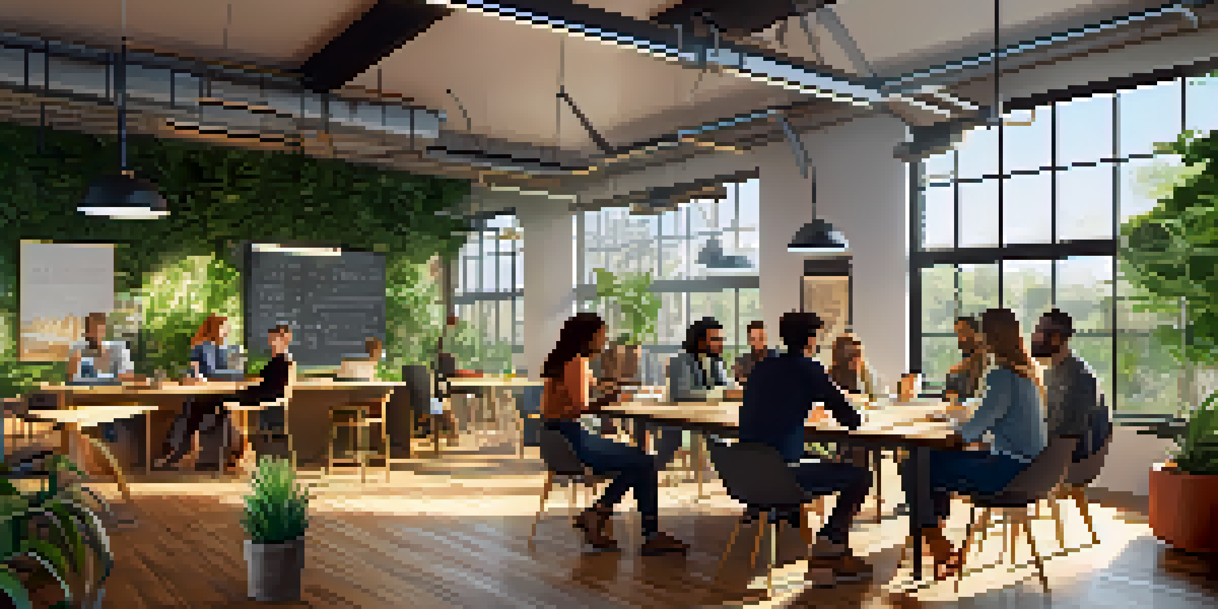 A bright co-working space where diverse entrepreneurs collaborate, with greenery and modern furniture, sunlight streaming through windows.