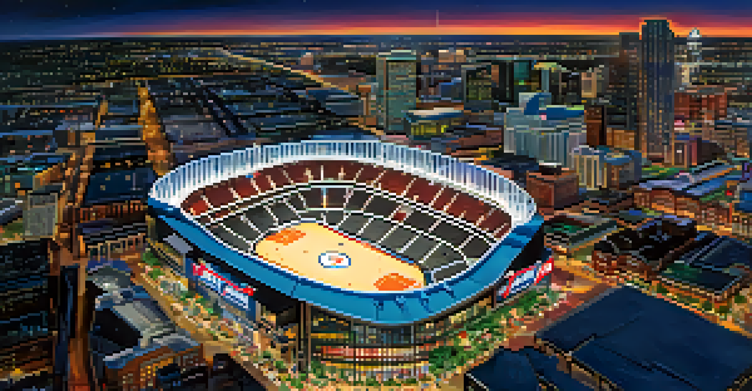 Aerial view of American Airlines Center with crowds and city skyline at night.