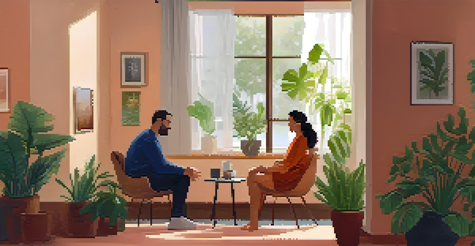 An indoor therapy session with a mental health professional and a client in a warm and cozy room.