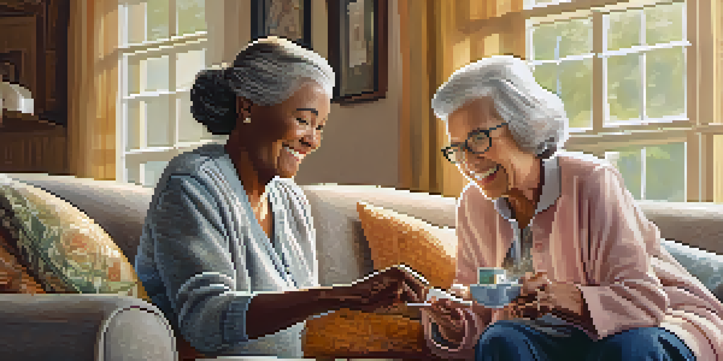 A caregiver helping an elderly woman with her medication in a cozy living room, filled with personal touches and soft lighting.