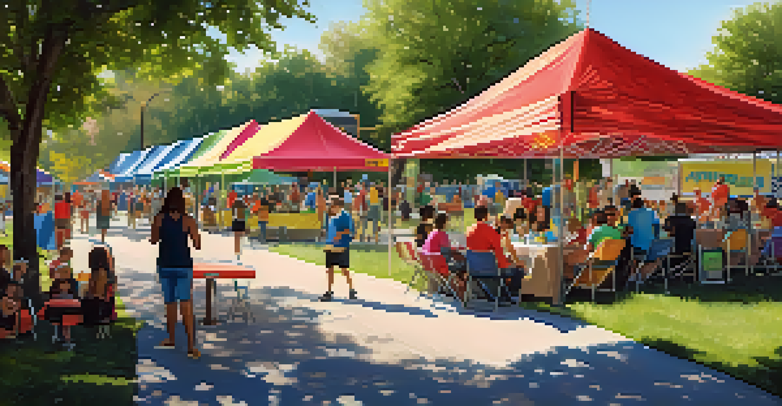 A vibrant outdoor community event in a Dallas park with families enjoying activities and engaging with local organizations.